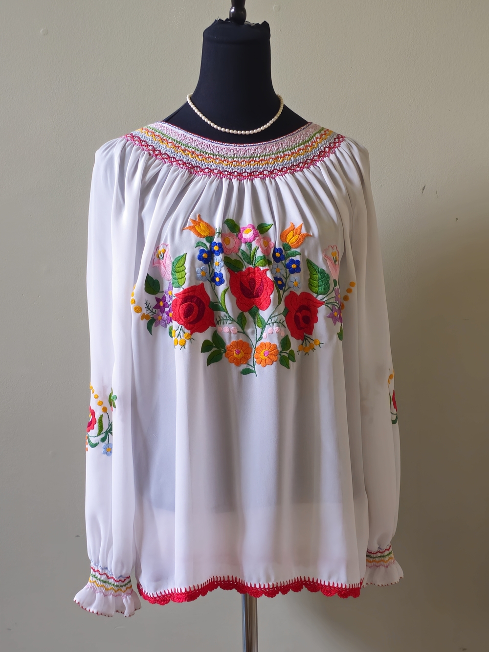 White Embroidered Peasant Blouse with Multicolor Floral Detail